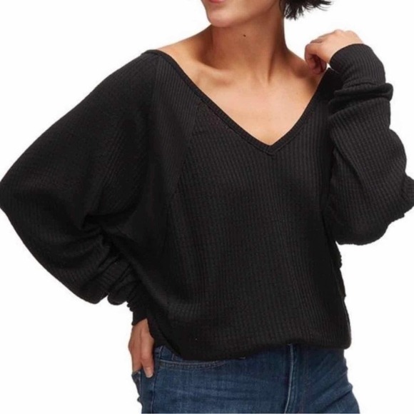 Free People Santa Clara Thermal Textured Knit Top Size Medium Black - Picture 5 of 8